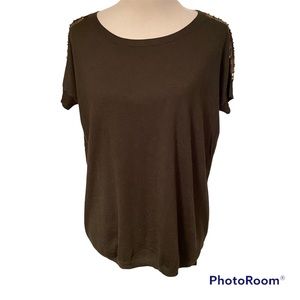 MINNIE ROSE SWEATER CREW SCOOP ROUND NECK GREEN BRONZE GOLD SEQUINS SIZE XS S